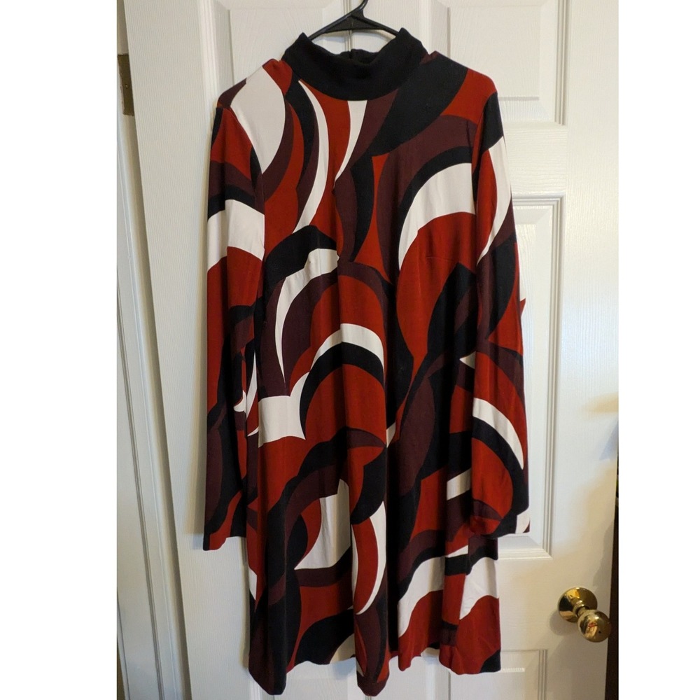 INC International Concepts Red Black Geometric Swirl Mock Neck A-Line Dress XL